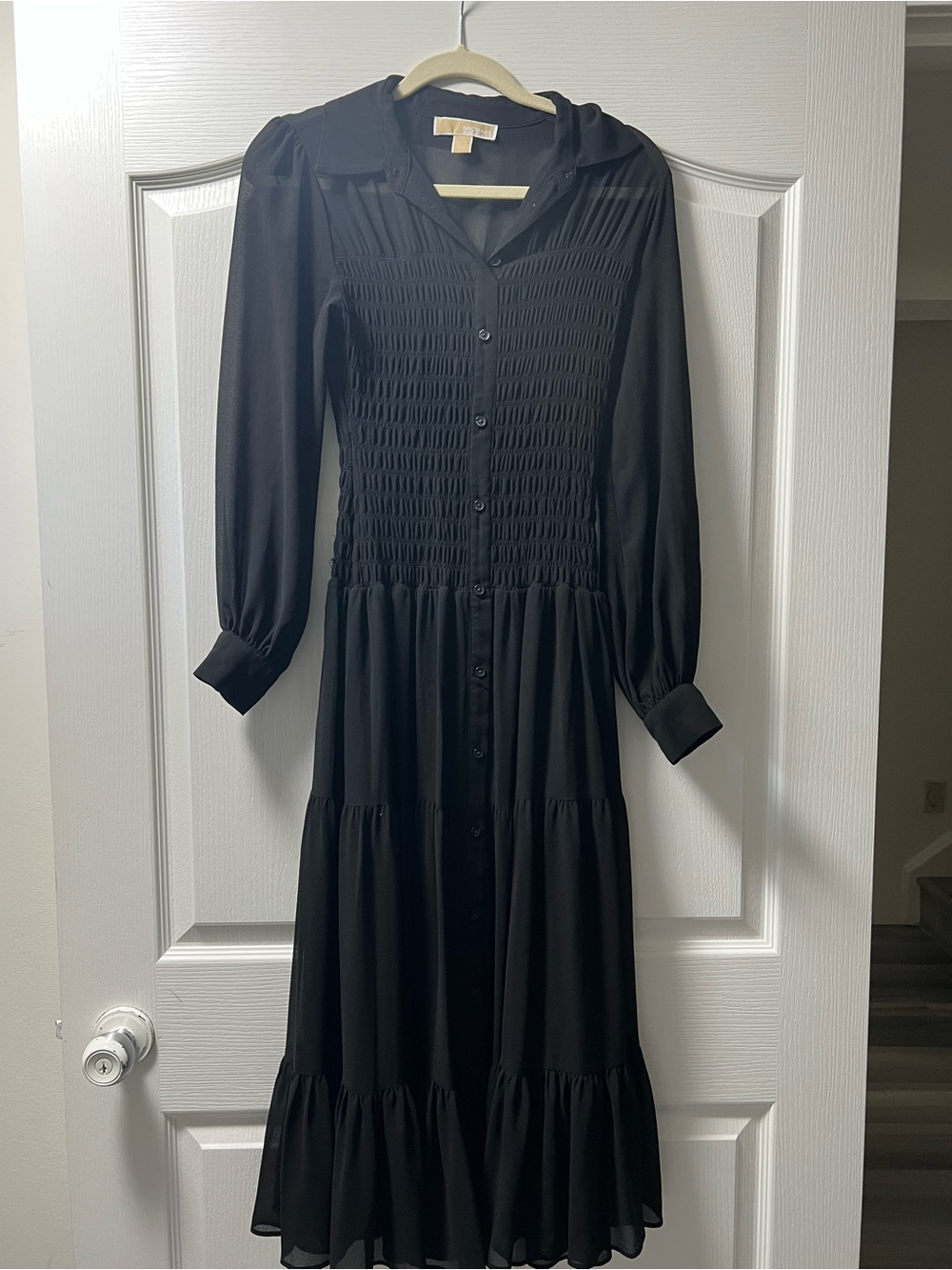 Michael Kors Black Long-Sleeve Smocked Midi Dress